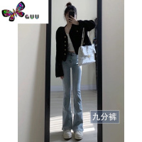 语娄浅蓝色高腰微喇牛仔裤女2023春季新款小个子设计感拖地加长喇叭裤