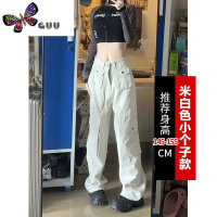 语娄美式辣妹多口袋高腰工装裤牛仔裤女小个子夏季直筒显瘦宽松阔腿裤