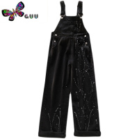 语娄设计感泼墨深色牛仔背带裤女新款大码胖mm复古宽松直筒长裤