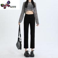 语娄黑色直筒牛仔裤女2023年秋季新款显瘦百搭九分小个子法棍烟管裤子