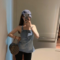 后背拉链设计个性无袖女性感外穿字挂脖牛仔背心吊带上衣夏新款