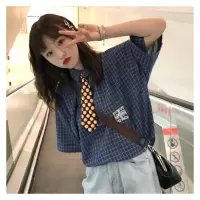 港风衬衫waitmore衬衣少女设计感韩版时尚洋气百搭复古冷淡格子夏