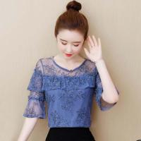 女式遮肚雪纺衬衫短袖女装2019新款潮洋气上衣蕾丝夏超仙时尚气质