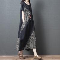 大码女装夏季民族风宽松休闲撞色苎麻中长裙子洋气短袖棉麻连衣裙