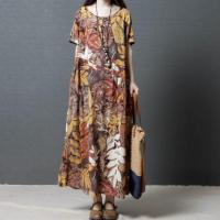 2019夏季新款复古文艺民族风女装宽松大码印花长裙短袖棉麻连衣裙