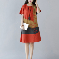 2019夏季新款韩版民族风女装大码宽松短袖拼接中长款棉麻连衣裙