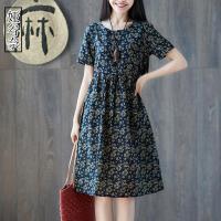 大码短袖棉麻亚麻连衣裙2019新款夏中长显瘦宽松文艺碎花遮肚女装