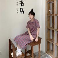 夏装韩版复古格子直筒单排扣连衣裙女百搭宽松polo领过膝长裙子
