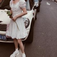 韩版chic淑女气质纯色系带收腰仙女裙夏装法式小众花边短袖连衣裙