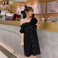 大码女装夏装新款胖mm中长款洋气连衣裙胖妹妹遮肚显瘦露肩裙子