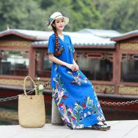 民族风棉麻大摆长裙2019春夏装复古文艺V领大码短袖连衣裙女
