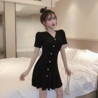 法式复古裙子2019夏季新款有气质修身收腰显瘦红短袖连衣裙女装