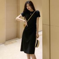 2019夏季新款韩版抽绳中长款裙子修身短袖收腰系带T恤连衣裙女装