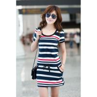 大码女装2019春夏新款休闲运动条纹短袖女时尚修身显瘦连衣裙子潮