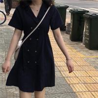 法式复古收腰西装双排扣连衣裙女夏季显瘦V领短袖赫本高腰中长裙