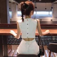 2019夏季新款后背彩色纽扣心机裙子露腰连衣裙收腰A字背心裙女装