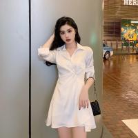 夏季新款韩版chic简约白色收腰连衣裙女小众显瘦缎面雪纺衬衫裙潮