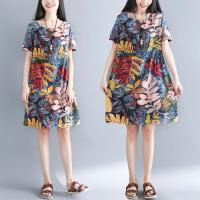 民族风复古棉麻连衣裙女夏季2019新款宽松印花中长款显瘦亚麻裙子