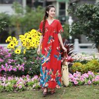 民族风棉麻短袖连衣裙夏季新款宽松V领印花大码显瘦复古大摆长裙