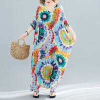 夏季宽松加大V领短袖棉麻扎染民族风彩色印花波西米亚连衣裙