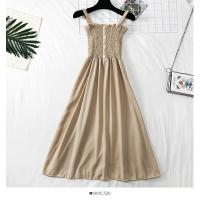 小清新收腰显瘦木耳边吊带中长款连衣裙女秋冬褶皱单排扣吊带裙潮