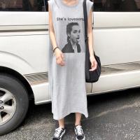 慵懒风夏季时尚复古宽松中长款字母做旧人物印花无袖连衣裙背心裙