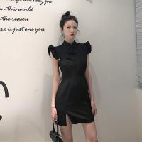 扑啦啦简约韩风汉服改良连衣裙2019新款夏修身黑色旗袍开叉短裙子