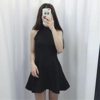 晚礼服挂脖削肩连衣裙无袖夏季韩版女装气质修身黑色显瘦裙子学生