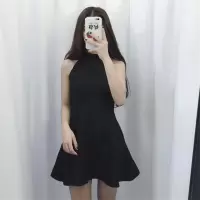 晚礼服挂脖削肩连衣裙无袖夏季韩版女装气质修身黑色显瘦裙子学生