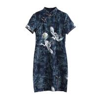 复古改良中国风仙鹤旗袍连衣裙2019新款夏季修身显瘦气质短裙子女