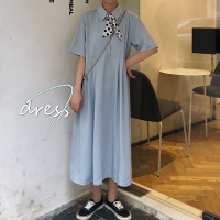 2019新款夏天流行裙子过膝长裙小清新学生宽松雾蓝色polo连衣裙女