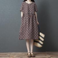 棉麻连衣裙女夏2019新款宽松大码苎麻印花圆点显瘦短袖亚麻中长裙