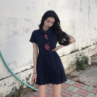 复古学院风polo领修身显瘦连衣裙2019新款夏季百褶短裙子配领带