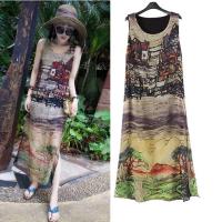 2017夏装韩版女水墨印花复古真丝雪纺连衣裙无袖开叉沙滩显瘦长裙