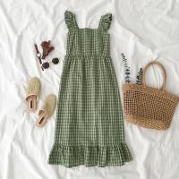 中长款格子连衣裙夏季2019新款女装韩版文艺小清新荷叶边吊带裙子
