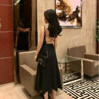 复古韩国chic风气质性感露背交叉绑带中长款纯色连衣裙收腰吊带裙