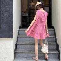 夏季2019新款ins法式复古露背绑带荷叶边宽松白色无袖a字连衣裙女