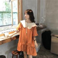 夏季2019新款红裙子韩版娃娃领智熏裙宽松牛油果绿连衣裙女学生