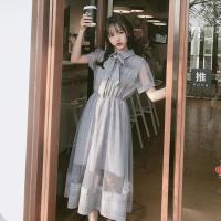 春夏新款韩版纱拼接格子中长款收腰短袖连衣裙小清新裙子女学生
