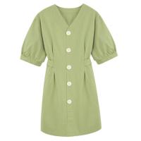 智熏法式高腰牛油果绿短袖V领连衣裙中长款修身显瘦T恤少女a字裙