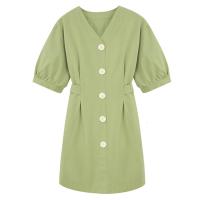 智熏裙法式高腰V领连衣裙2019新款夏季装复古显瘦绿色桔梗裙子女