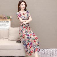 人造纯棉绸连衣裙女夏装中长款超长裙到脚踝显瘦气质妈妈碎花裙子