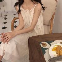 甜美宽松中长款木耳边一字领无袖薄款连衣裙夏皱褶吊带雪纺裙睡裙