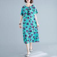 短袖连衣裙女2019夏装文艺胖妹妹棉麻印花减龄宽松遮肚中长款裙子