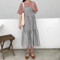 韩版宽松格子背带连衣裙女夏季2019新款学生适合胯大腿粗的中长裙