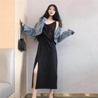 韩版性感细肩带百搭吊带背心裙子韩版纯色显瘦开叉V领打底连衣裙