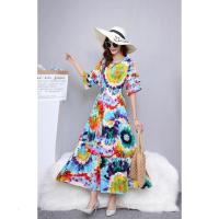 19春夏新款棉绸木耳边喇叭袖碎花连衣裙女长款渡假沙滩裙大摆长裙