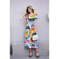 棉绸碎花短袖裙波西米亚沙滩裙连衣裙夏人棉海边渡假裙绵绸裙子女