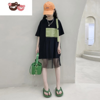 绿彩虹光女童中长款t恤夏季网红洋气儿童夏装大版短袖T裙子时髦炸街连衣裙