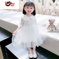 绿彩虹光女童蕾丝网纱连衣裙子儿童娃娃领白色公主裙宝宝夏季短袖网红
